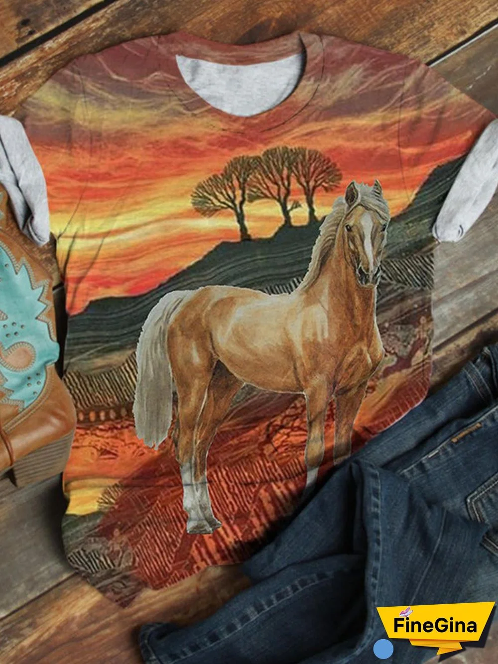 Horse Sunset Crew Neck T-shirt