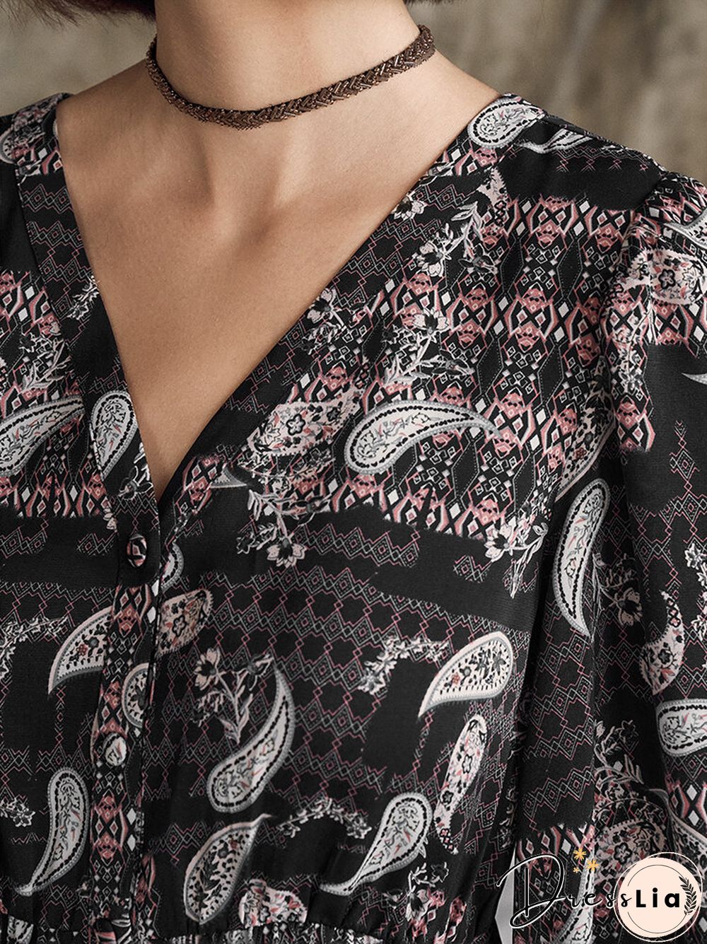 Random Vintage Paisley Print Long Sleeve Tie V-neck Dress