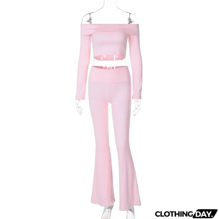 Women Fashion Sweet Off Shoulder Long Sleeve Crop Top Solid Color Trousers Two-Piece Set