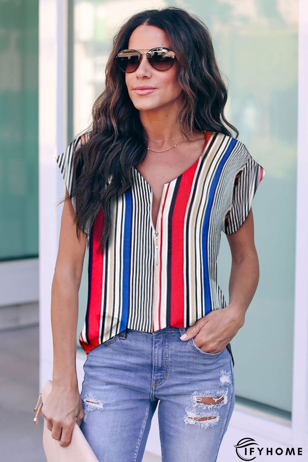 Multicolor V Neck Stripes Roll up Short Sleeve Zip Up Blouse | IFYHOME