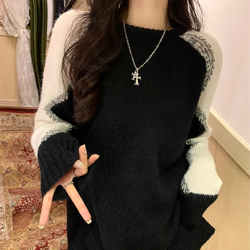Chic Colorblock Round Collar Knit Loose Sweater