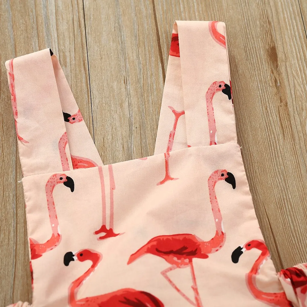 2PCS Newborn Baby Girl Clothes Print Cotton Jumpsuit Bodysuit Outfit Ruffled Flamingo Sunsuit