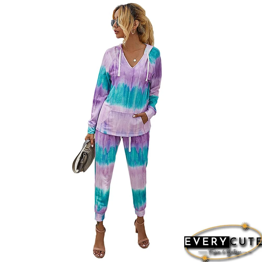 Purple Tie Dye Print Drawstring Hoodie with Pants Set
