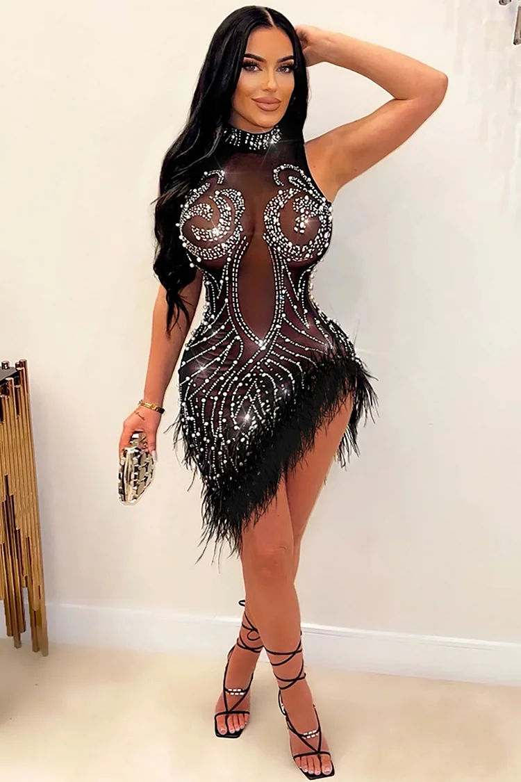 Rhinestone Mesh Feather Sleeveless Irregular Hemline Party Mini Dress