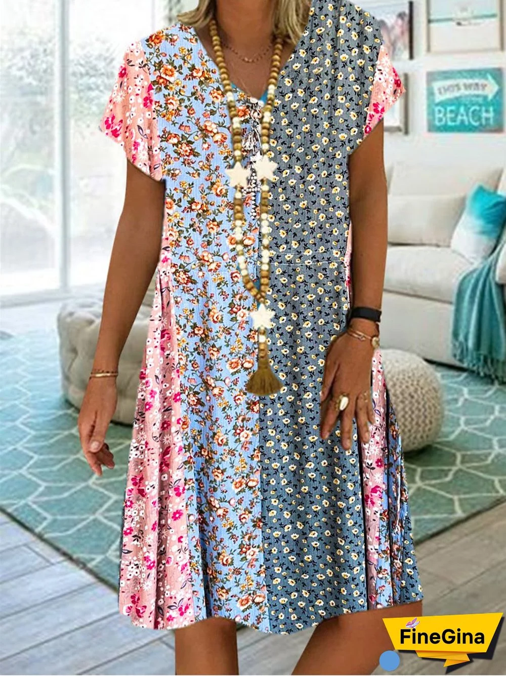 Women's Short Sleeve V Neck Light Blue Floral Printed Midi Dress