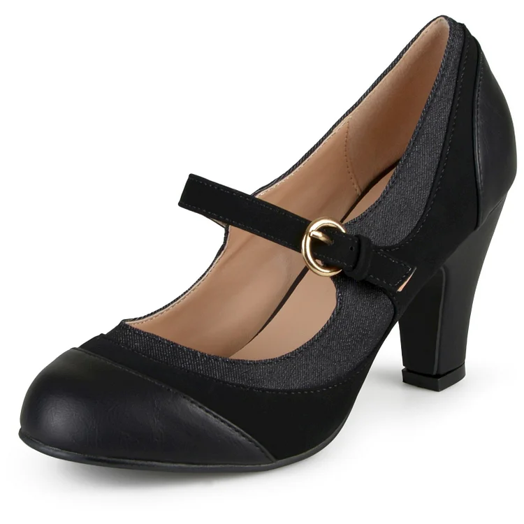 Black Round Toe Chunky Heels Mary Jane Pumps School Shoes |FSJ Shoes