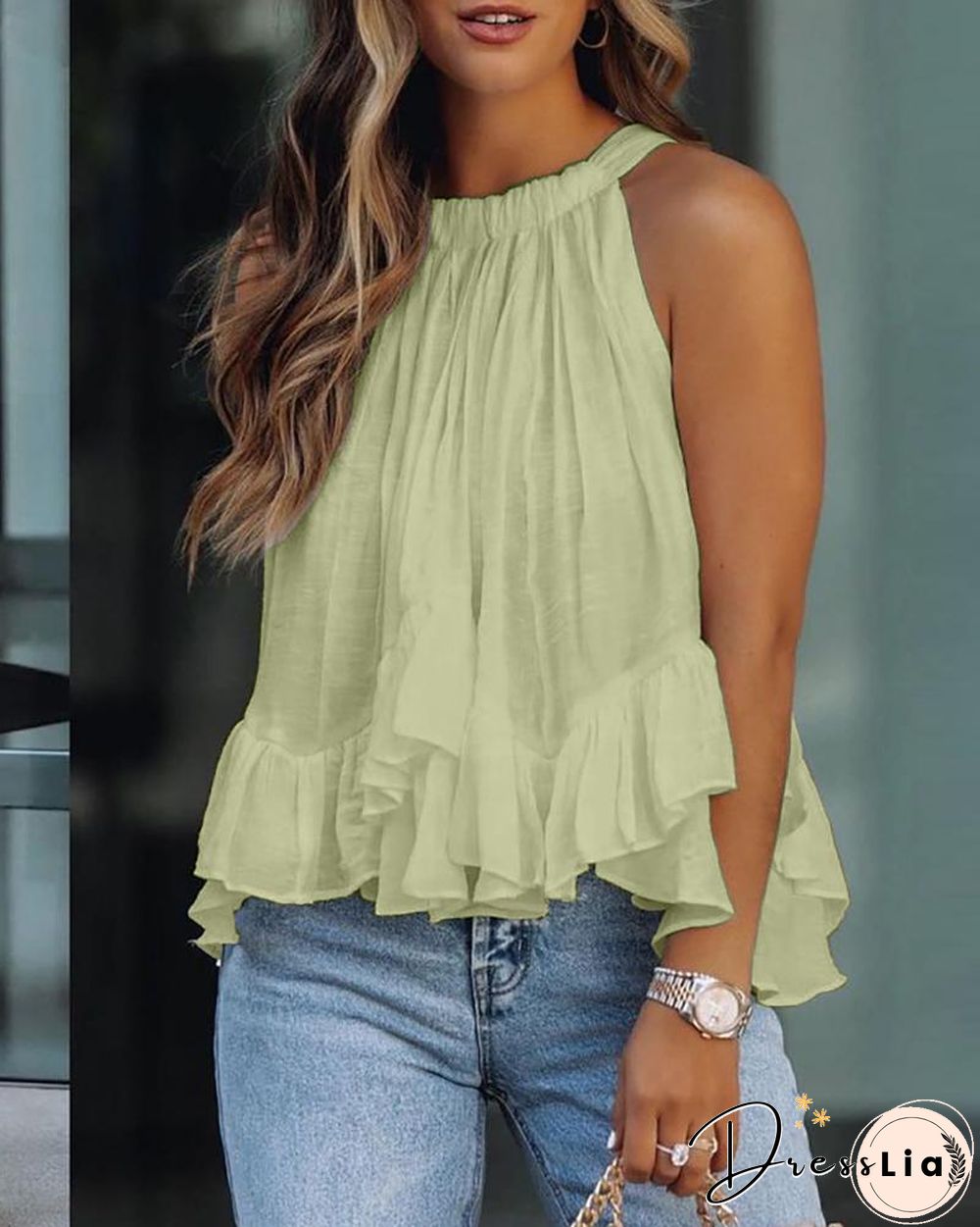 Halter Ruched Ruffles Sleeveless Casual Top P12243