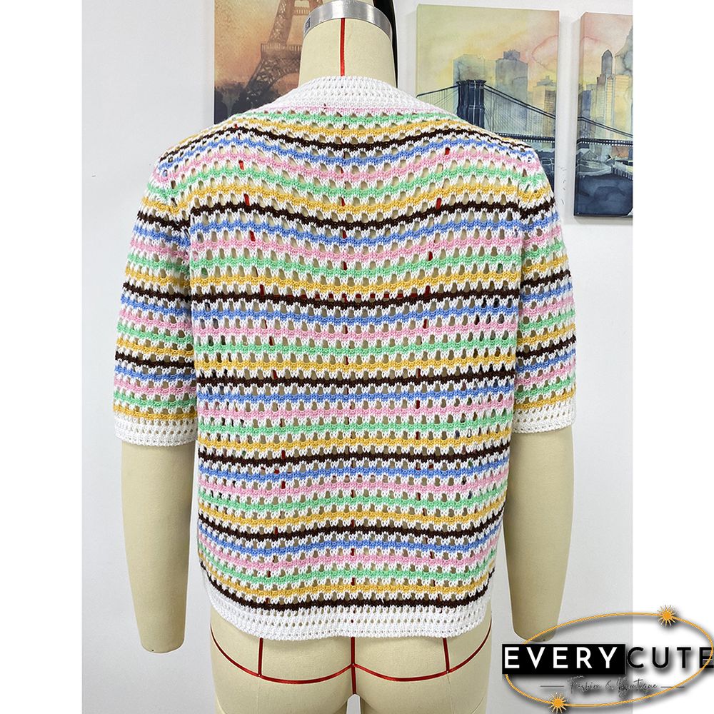 White Colorblock Striped Hollow Out Knit Sweater