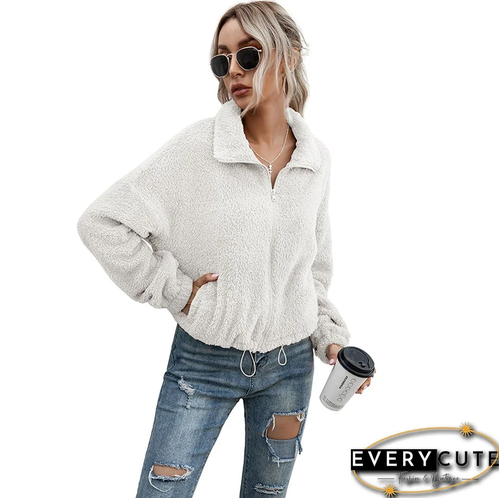White Zipper Up Double-side Fleece Coat