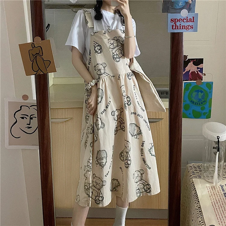 Cartoon Bear Print Overalls Dress T-Shirt - Modakawa modakawa