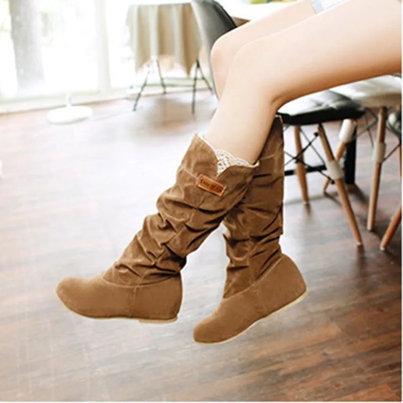 Ladies Boot 2021 Winter Internal Increase Mid-calf Boots Lace Flowers Cotton Boots Women Plus Size Suede Boots Botas De Mujer