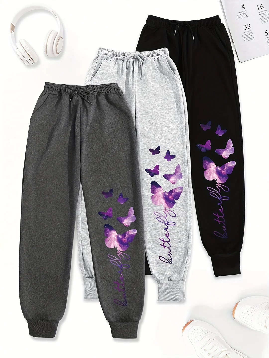 3pcs Women's Casual Butterfly Print Joggers - Elastic Waist, Drawstring Pants With Pockets, Soft Polyester Blend, Loose Fit For All Seasons, Casual Wear | Butterfly Print Joggers | Elastic Waistband Pant | IFYHOME