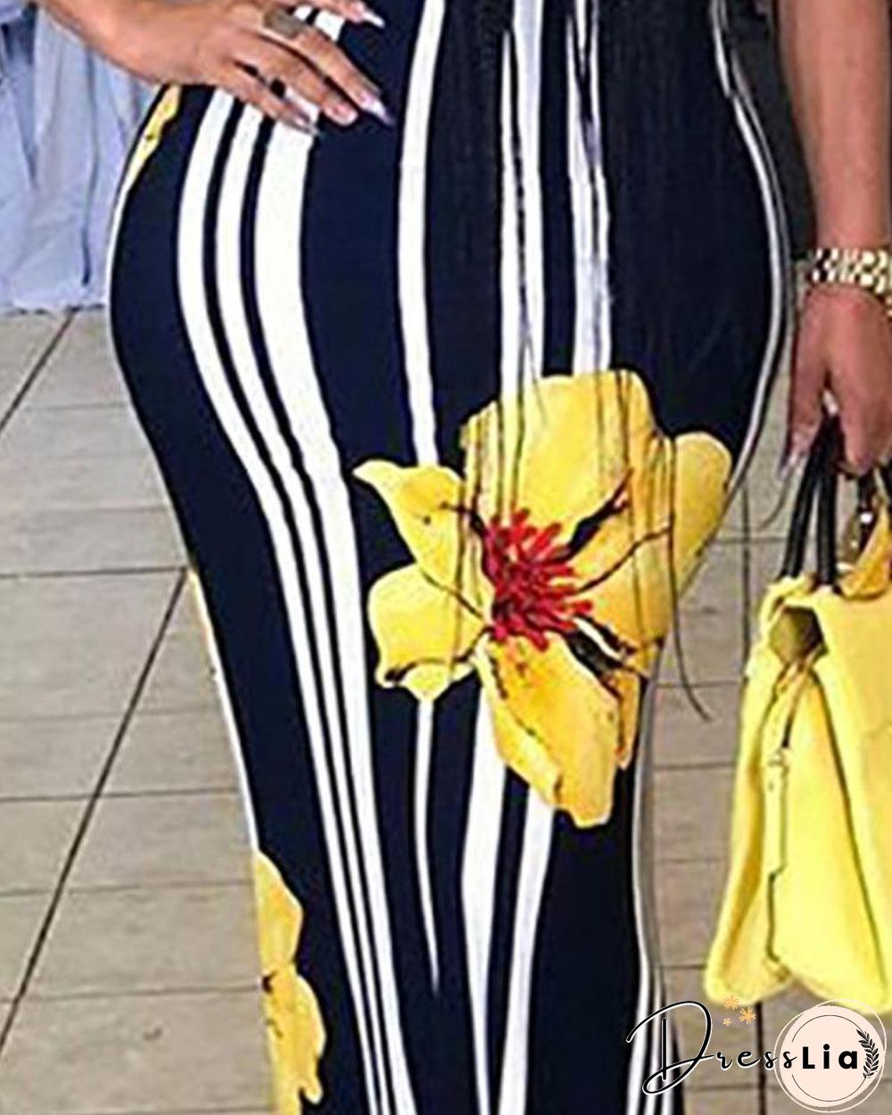 Sexy Floral Print Striped Bodycon Maxi Dress