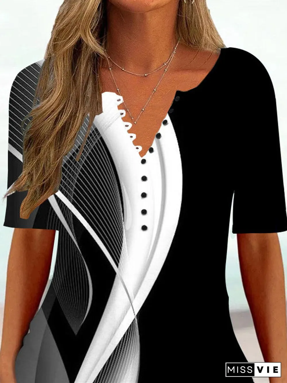 Women Half Sleeve V-neck Striped Printed Tops