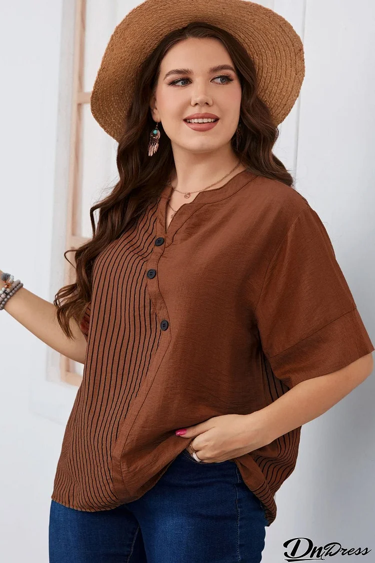 Plus Size Striped Notched Neck Half Sleeve Top