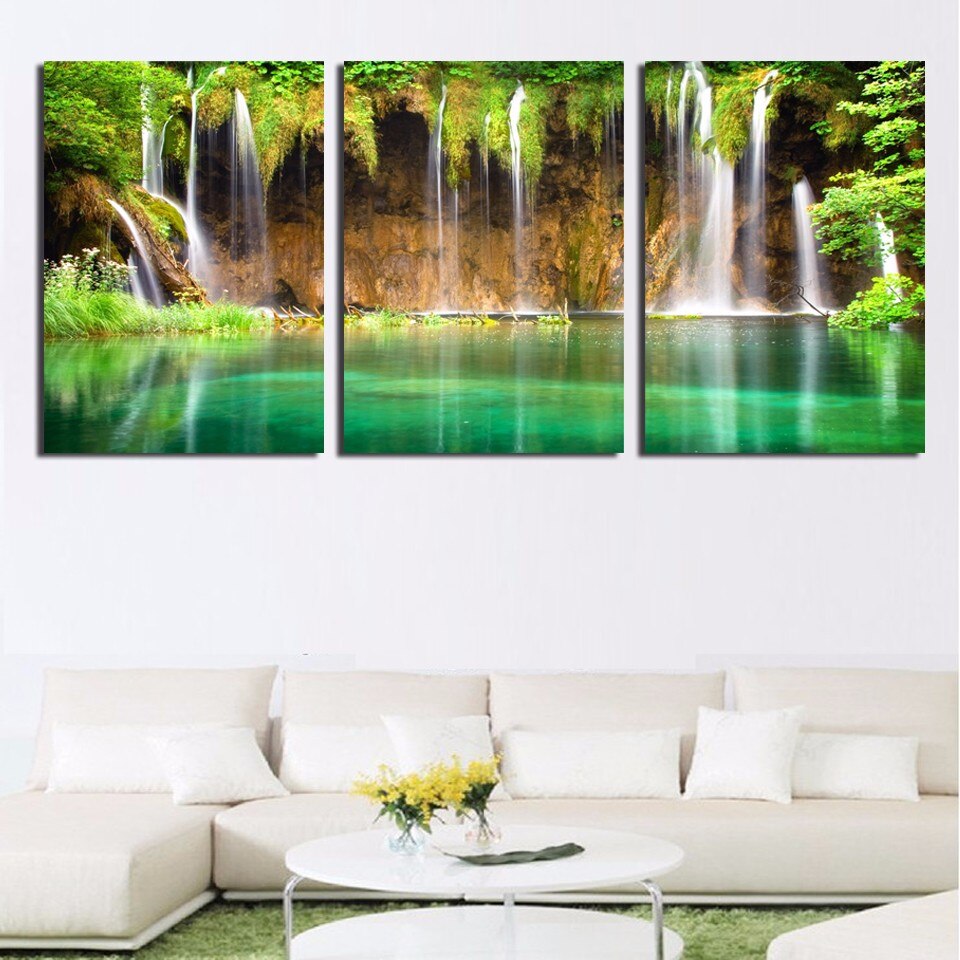 HD Canvas Art Painting For Living Room Wall Decor 3 Pieces Traveling Green turist Attractions Waterfall