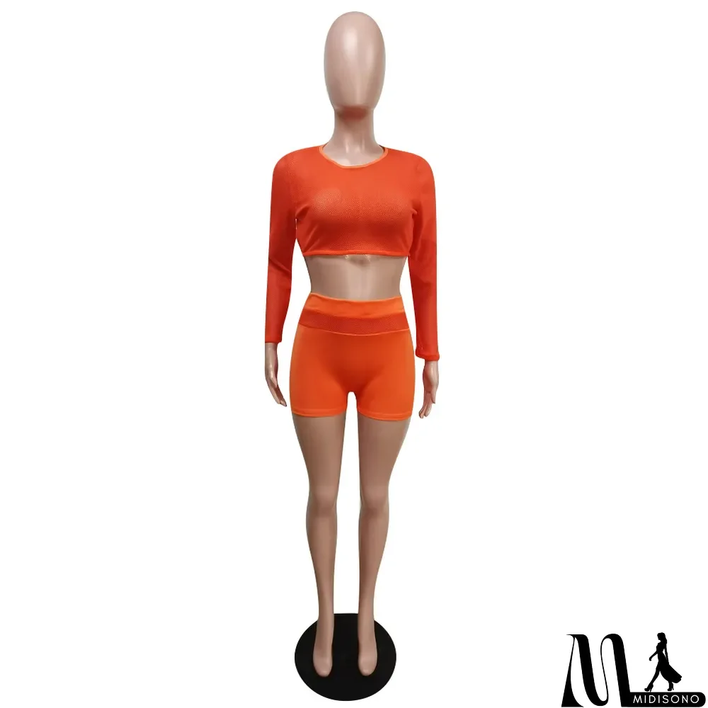 MidiSono - Solid Long Sleeve Breathable 2 Piece Shorts Set