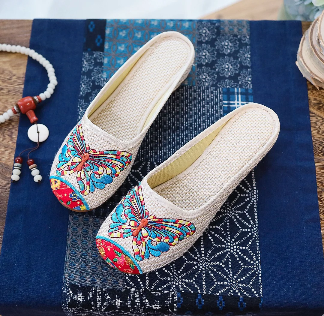 Zingj Zingj Embroidered Women's Cloth Shoes Baotou Cool Drag Leisure Summer Walk Shopping Travel Cow Tendon Bottom Slippers