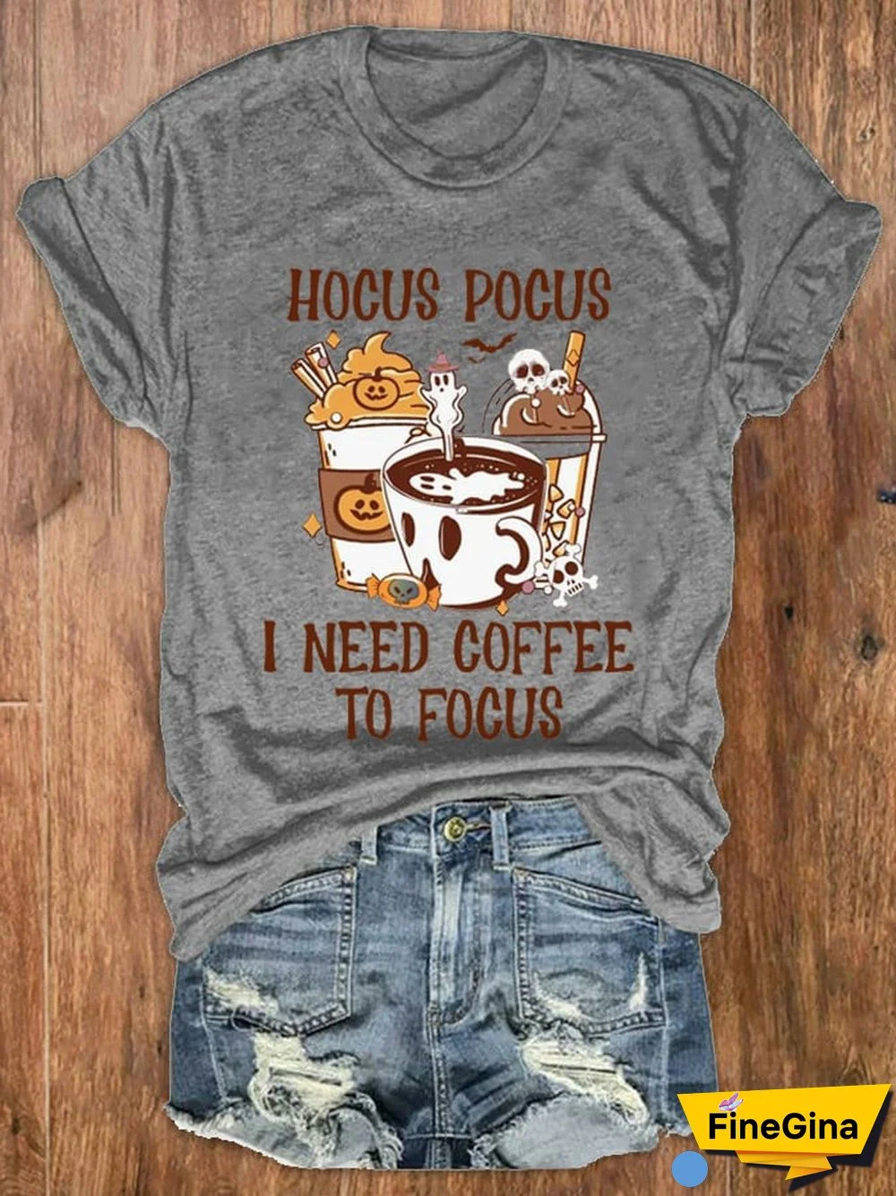 Women's Halloween Hocus Pocus I Need Coffee To Focus Print Crew Neck T-Shirt