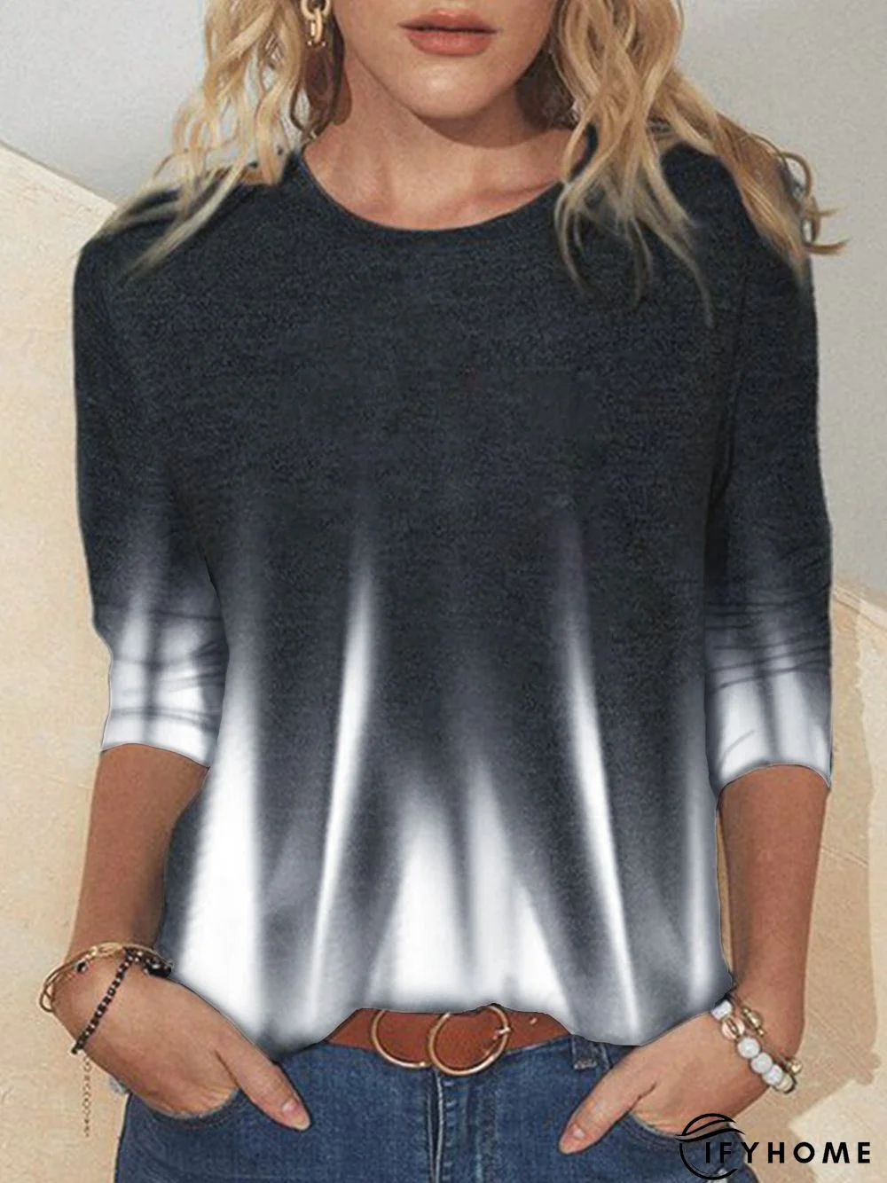 Personalized basic casual gradient contrast printing long-sleeved T-shirt | IFYHOME