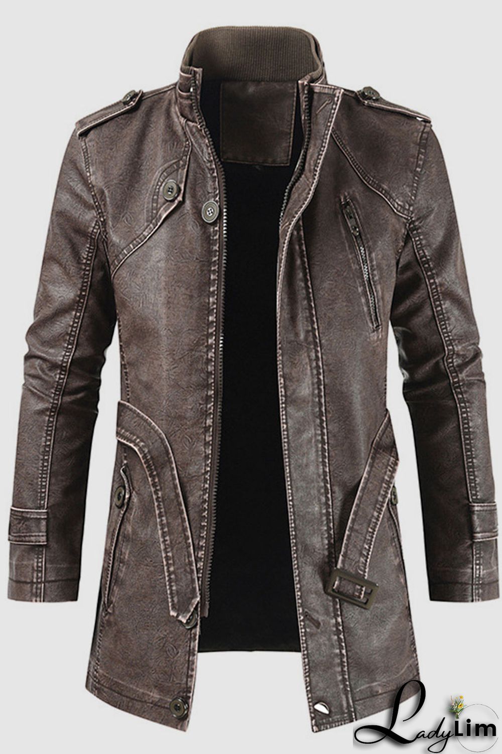 Brown Casual Solid Split Joint Zipper Turtleneck Outerwear