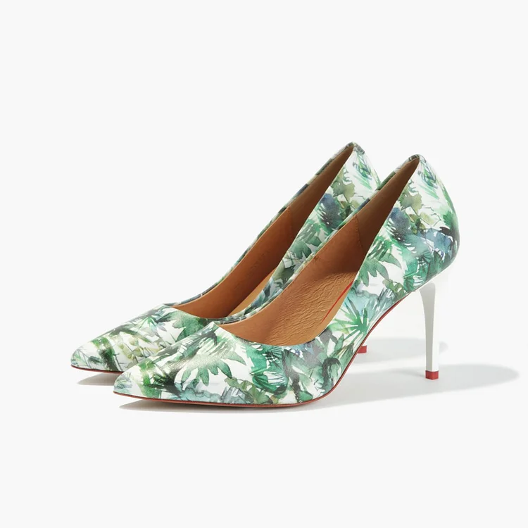 Green Plants Floral Print Pointy Toe Stiletto Heel Pumps for Women |FSJ Shoes