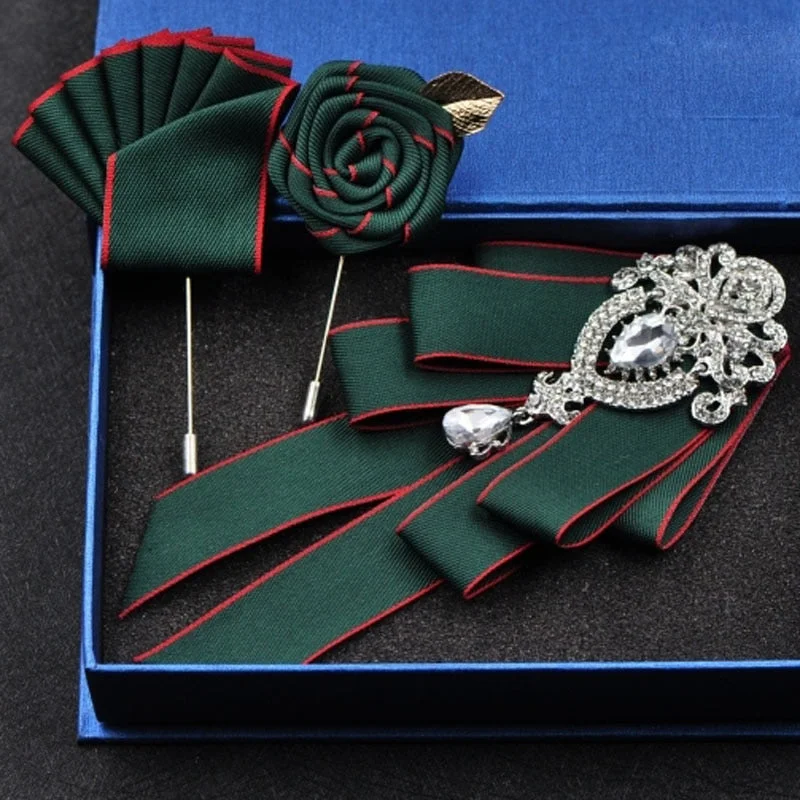 High-quality Fashion Handmade Red Diamond Bow Tie Wedding Collar Bowtie Brooch Pocket Towel Square Set Gifts for Men Accessories