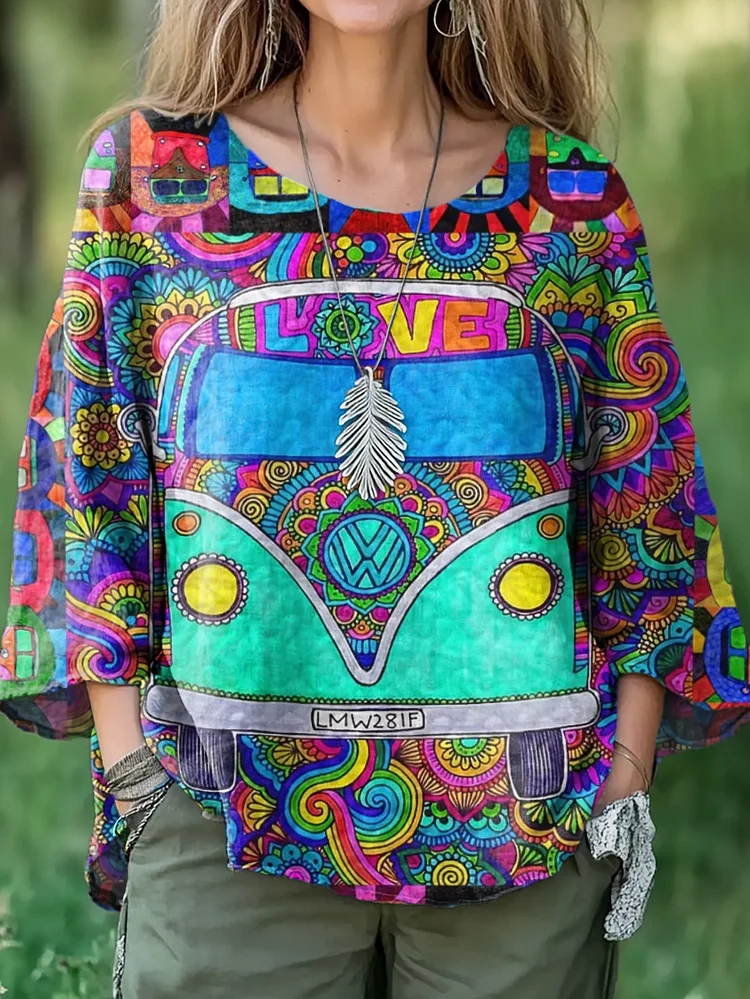 Women's Hippie Peace Car Print Pattern Casual Cotton And Linen Shirt
