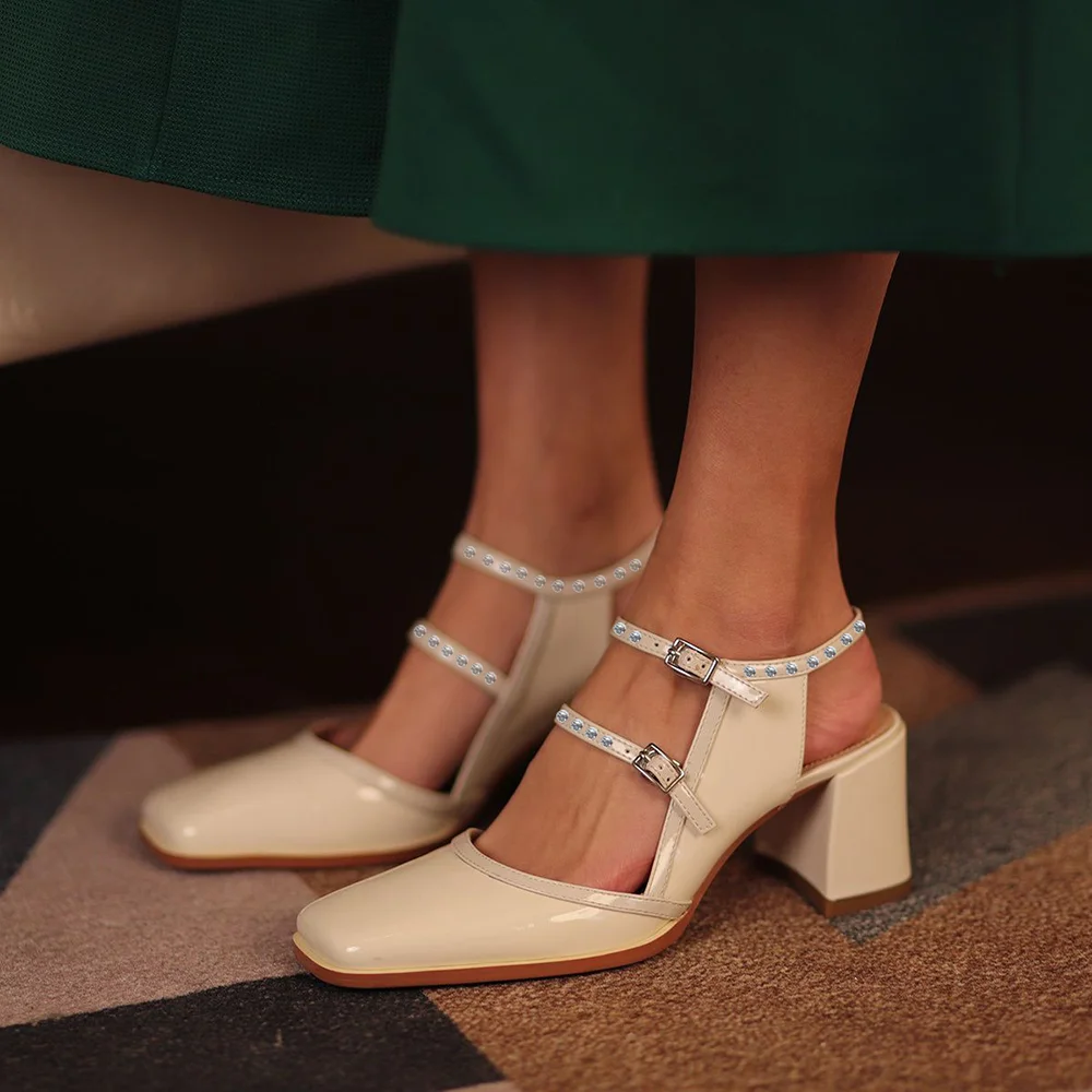 Full White Square Toe Pumps Slingback Ankle Strap Rhinestone Decor Chunky Heel Nicepairs