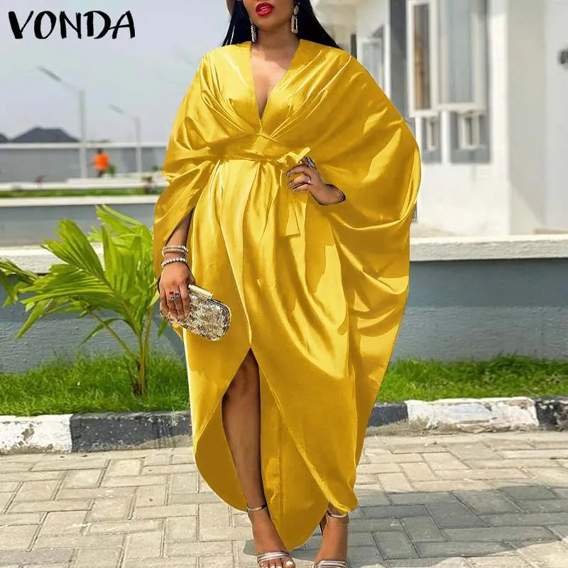 Summer Deep V Neck Party Dress VONDA Women Sexy  Irregular Hem Solid Party Dresses 2022 Bohemian Casual Vestidos Kaftan Robe