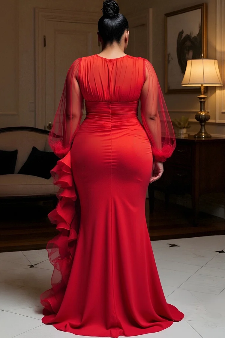 Xpluswear Design Plus Size Formal Red Round Neck Lantern Sleeve Long Sleeve Ruffle Elegant See Through Tulle Satin Maxi Dresses [Pre-Order]