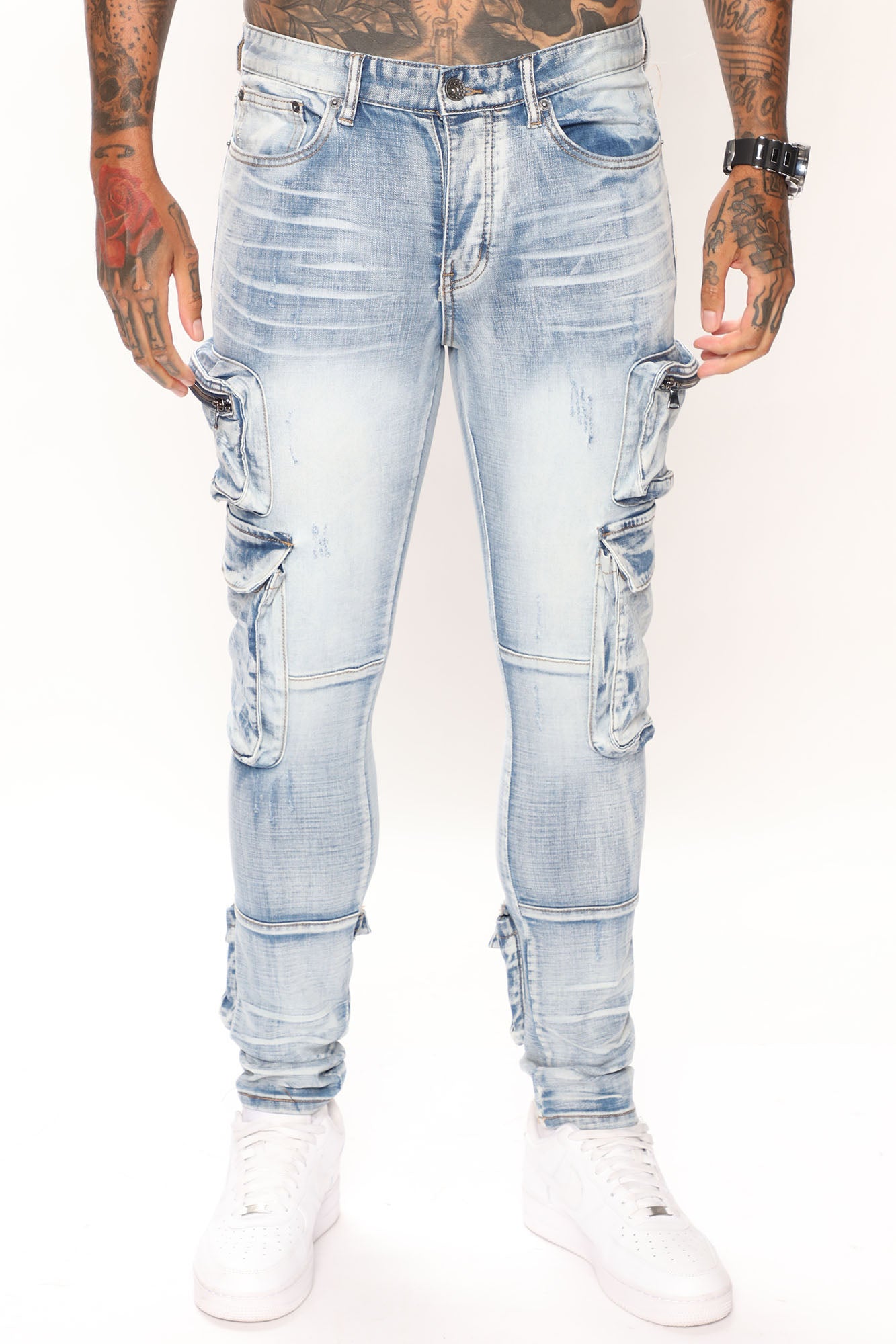 Impersonating Cargo Stacked Skinny Jeans - Medium Wash