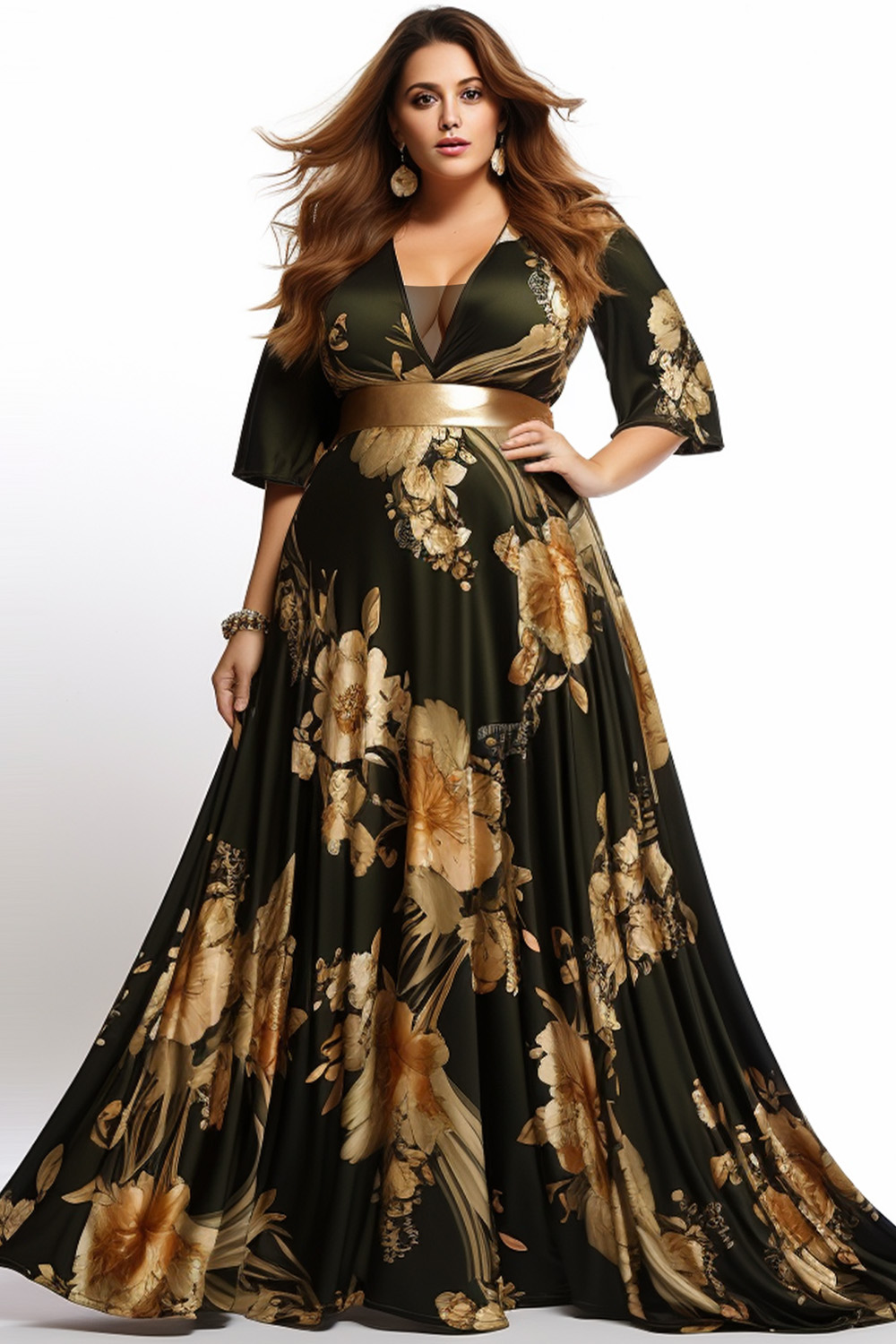 Flycurvy Plus Size Wedding Guest Black Satin Floral Print Flutter Sleeve Maxi Dress