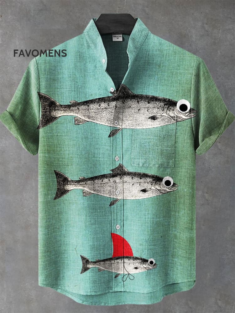 Vintage Fish Art Print Casual 100% Cotton Shirt Multicolor / S