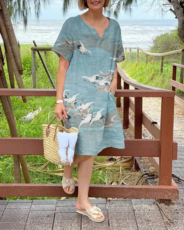 V Neck Japanese Art Flying Crane Casual Knee Length Shift Dress