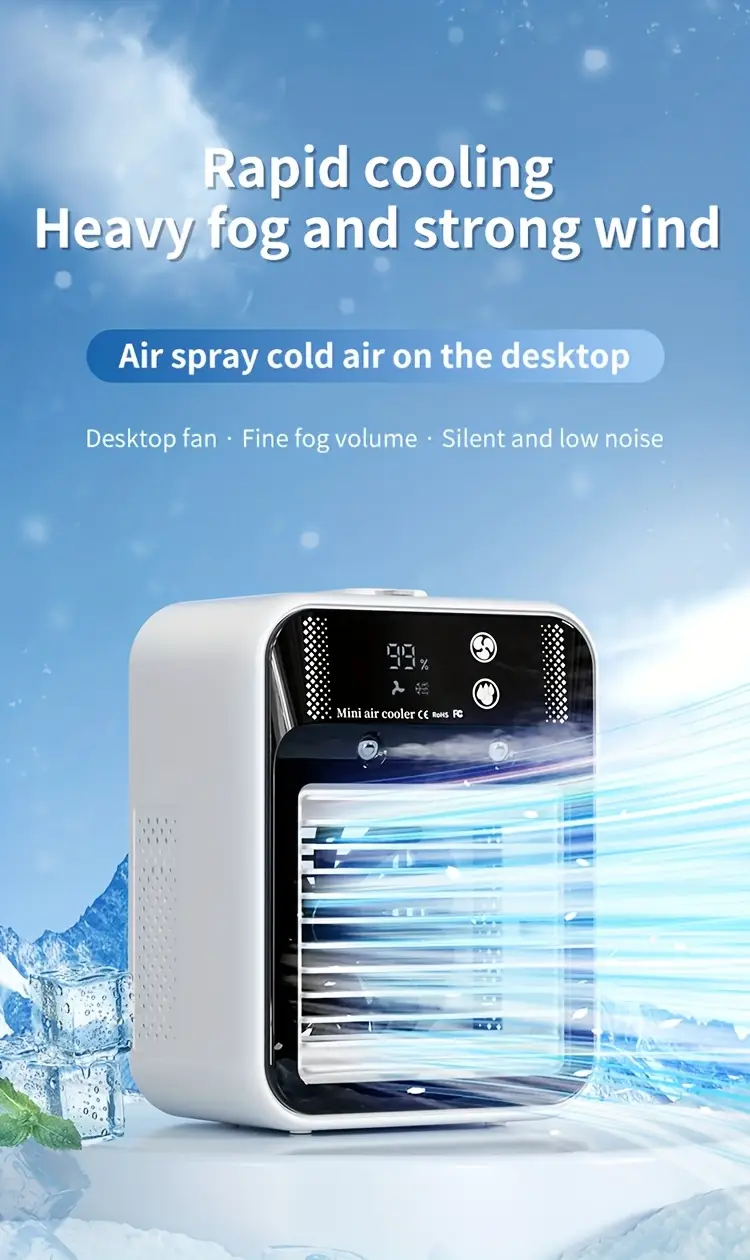 2025 new cooled fan with ice cooling portable desktop spray humidifier rechargeable or usb powered 2 battery capacity 3000mah square shape 36v or below no portable air cooler modern aesthetic durable build quality portable air cooler Product details 0