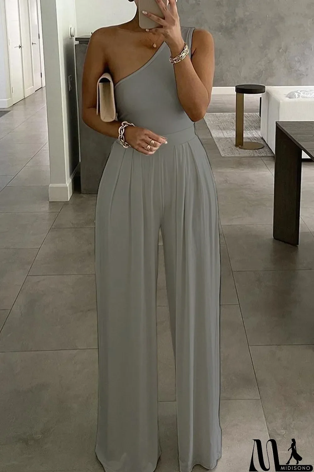 MidiSono - Casual Simplicity Solid Asymmetrical Solid Color One Shoulder Loose Jumpsuits