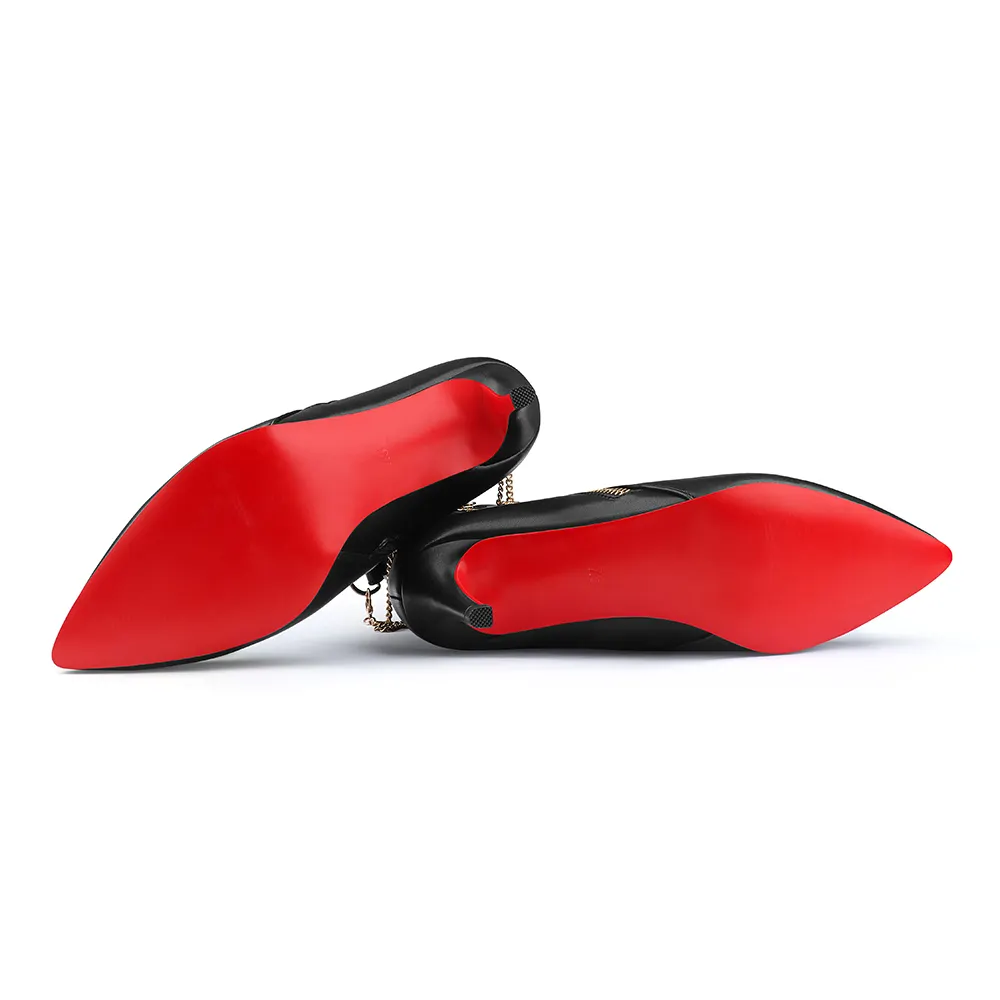 60mm Women's Pointed Toe Metal Chain Kitten Heel Single Strap Red Bottom Booties-vocosishoes