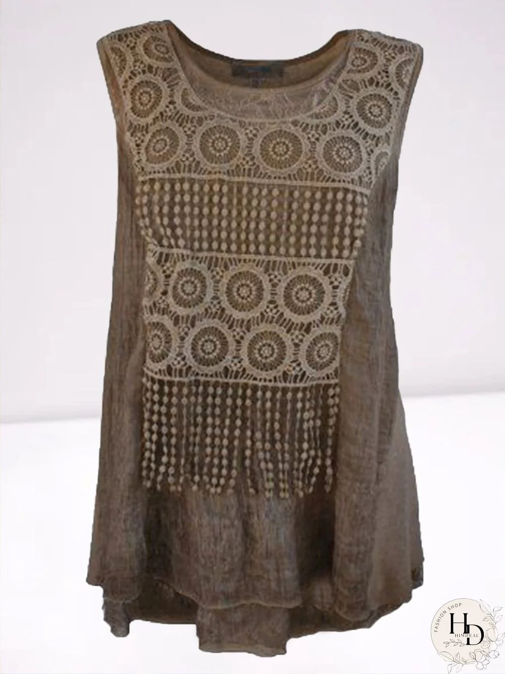 Sleeveless Lace Polyester Crew Neck Vintage Summer Brown Top