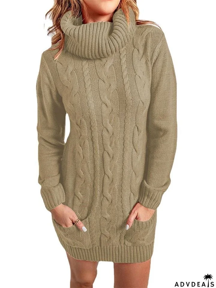 Casual Turtle Neck Knitted Sweater Dresses