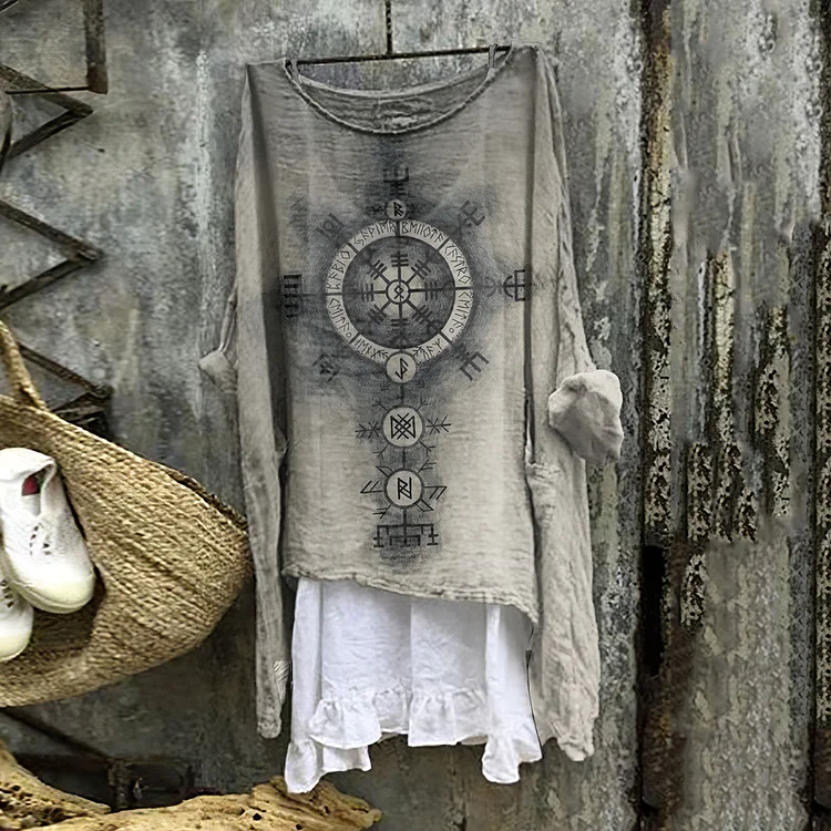 Wearshes Vintage Viking Pattern Linen Blend Tunic