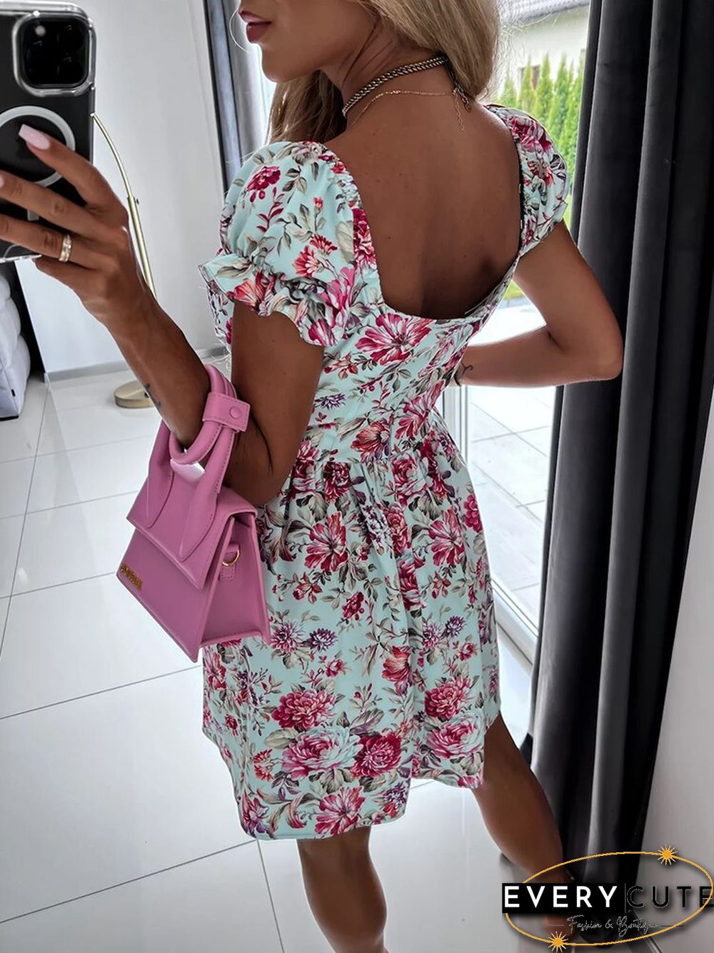 Women Sexy Retro Square Collar Beach Dress Elegant Slim Backless Floral Print Sundress Fashion Puff Sleeve Summer Cover-Ups