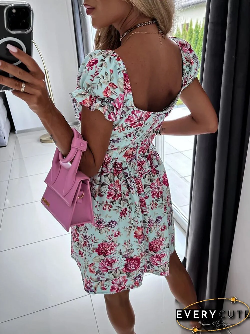 Women Sexy Retro Square Collar Beach Dress Elegant Slim Backless Floral Print Sundress Fashion Puff Sleeve Summer Cover-Ups