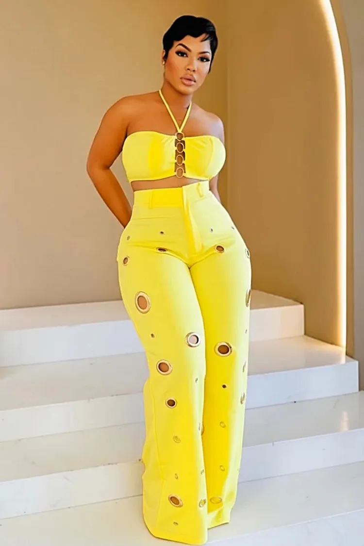 Halter Crop Top High Waist Hollow Pants Casual 2pcs Set-Yellow Yellow-S Halter Crop Top High Waist Hollow Pants Casual 2pcs Set-Yellow Yellow-S
