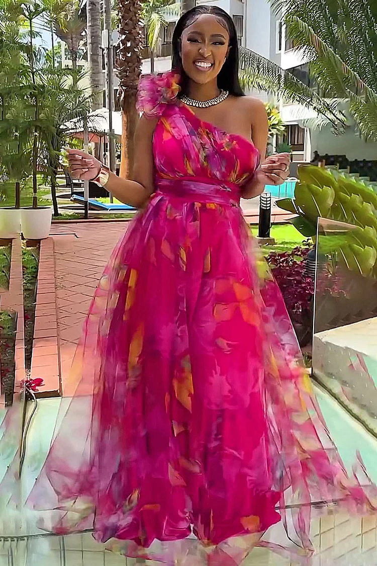 One Shoulder Rosette Floral Print Mesh Party Maxi Dresses-Fuchsia [Pre Order]