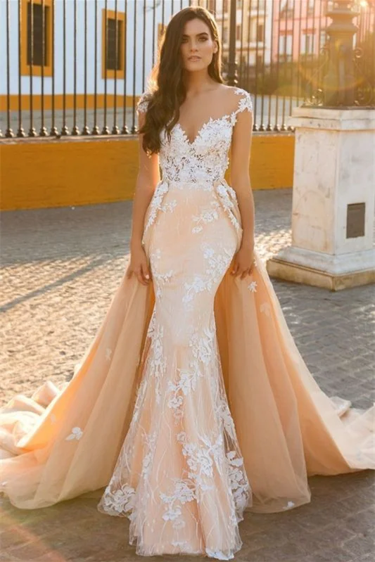Daisda Sweetheart Lace Appliques Cap Sleeves Overskirt Mermaid Wedding Dress