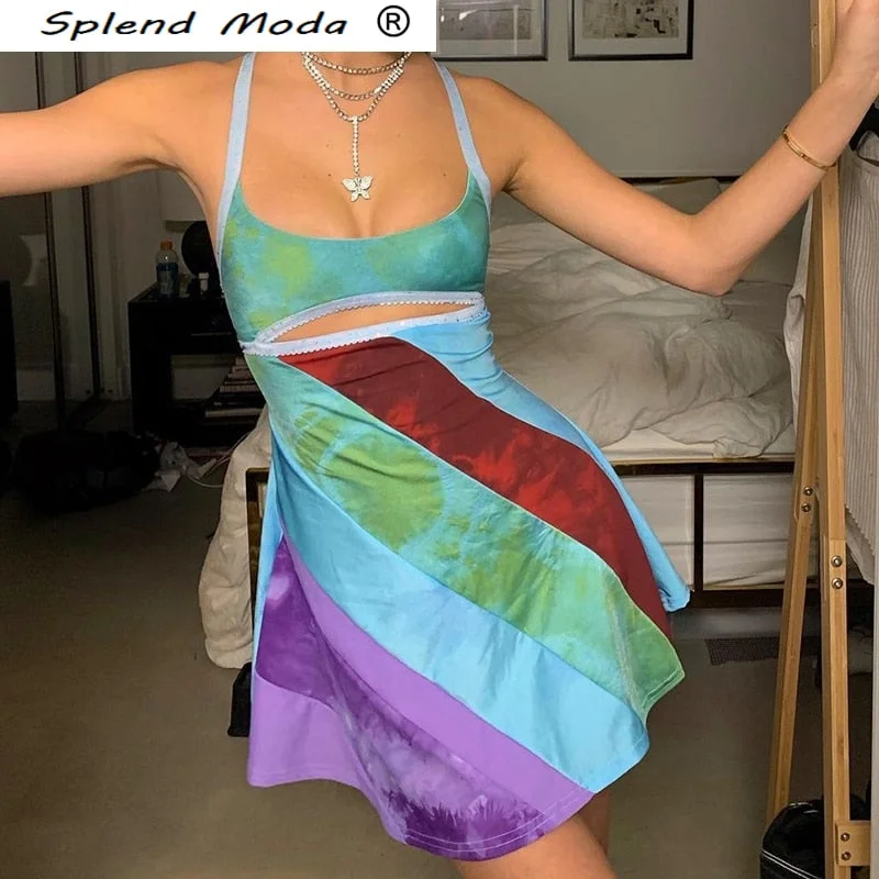 Splend Moda New Fashion Sexy Summer Hollow Out Y2K Mini Dresses Women Vintage Patchwork Beach Dress Elegant Boho Outfits Evening