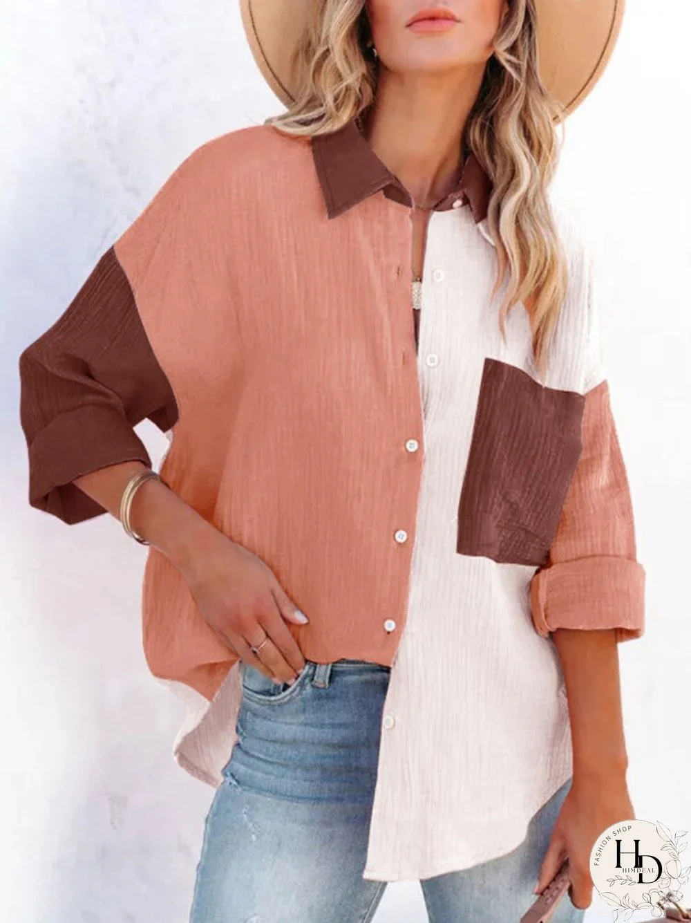 Summer New Long-sleeved Shirt Women's Contrast Color Stitching Off-the-shoulder Cardigan Shirt Fashion Casual Women's Clothing