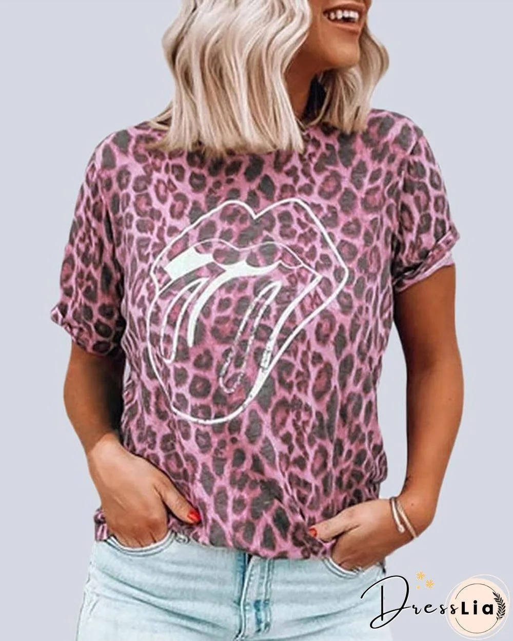 Leopard Lip Print Casual  T-Shirt P13110