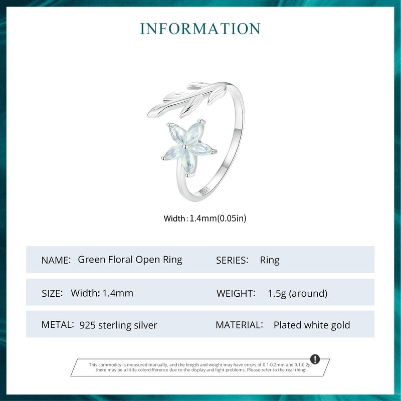 White Gold Plated 925 Sterling Silver Opal Leaf Flower Open Rings